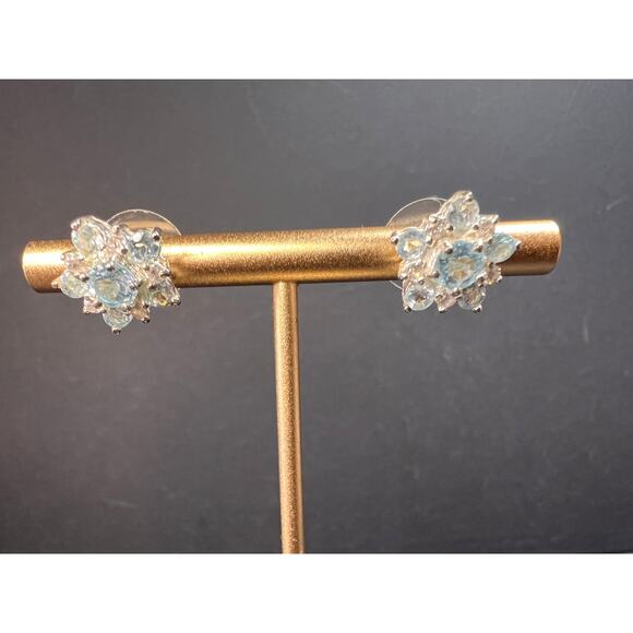 Vintage blue topaz and cz sterling silver snowflake stud earrings - Picture 11 of 16